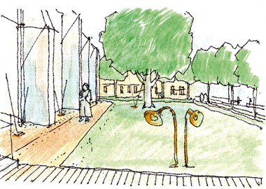 Kleiner Kirchenpark - Zur Strae durch Hecken geschtzt, knnte ein Kiesweg um die Kirche fhren.