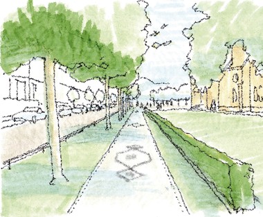 Gehweg mit historischem Plastermosaik - leider an vielen Stellen durch Wurzeldruck und getätigte Erdarbeiten in schlechtem Zustand und ausgeflickt.